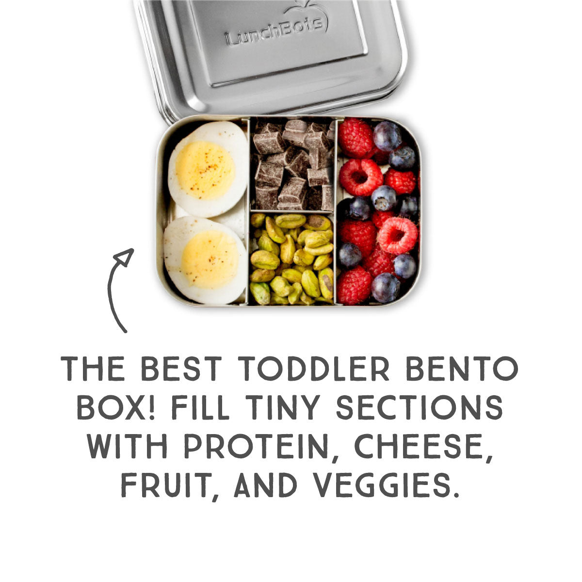 Small protein packer bento with text "the best toddler bento box! ill tiny sections with protein, cheese, fruit, and veggies."